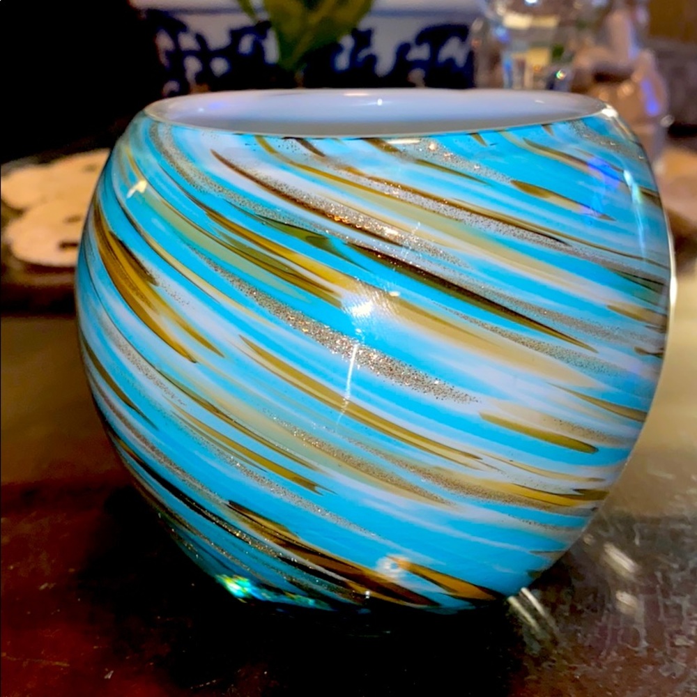 Round GLASS VASE HAND BLOWN Swirled BLUE & GOLD